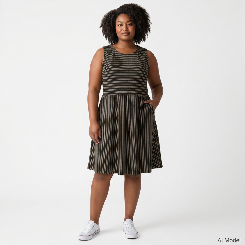 Draper James RSVP Dress Women‎ XL Black Gold Metallic Stripe Pockets KD7440LO